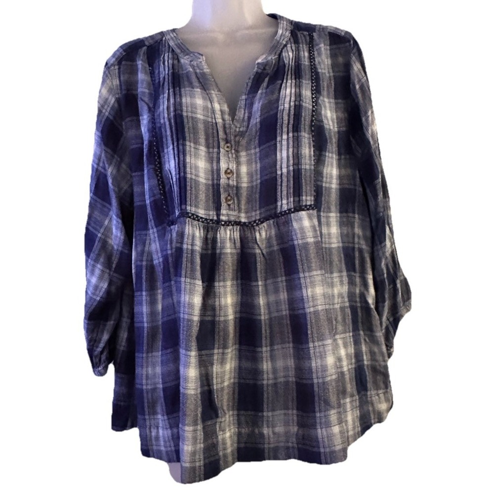 Wrangler Women XL Blouse Peasant Babydoll Blue‎ Flannel Farm Girl Boho Soft Cozy